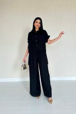 Siyah Önü Pileli İkili Keten Takım - Görsel 2