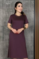 Kadın Kısa Kollu Bisiklet Yaka Yırtmaçlı Viskon Iki Iplik Elbise - Görsel 2