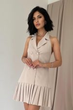 Bej Sırtı Açık Ceket Yakalı Elbise - Görsel 2