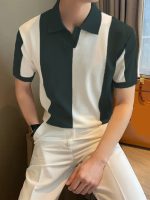 Erkek Kısa Kollu Polo Yakalı Blok Desenli Triko Bluz - Görsel 3