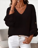 Kadın Uzun Kollu V Yakalı Düğmeli Triko Bluz