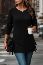 Kadın Uzun Kollu Yuvarlak Yakalı Yanlardan Bağcıklı Triko Bluz - Görsel 3