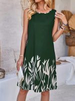 Kadın Askılı Yuvarlak Yakalı Yaprak Desenli Dalgıç Elbise - Görsel 3