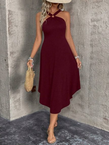 Kadın Boyundan çapraz Askılı Halka Detaylı Asimetrik Kesim Viskon Elbise