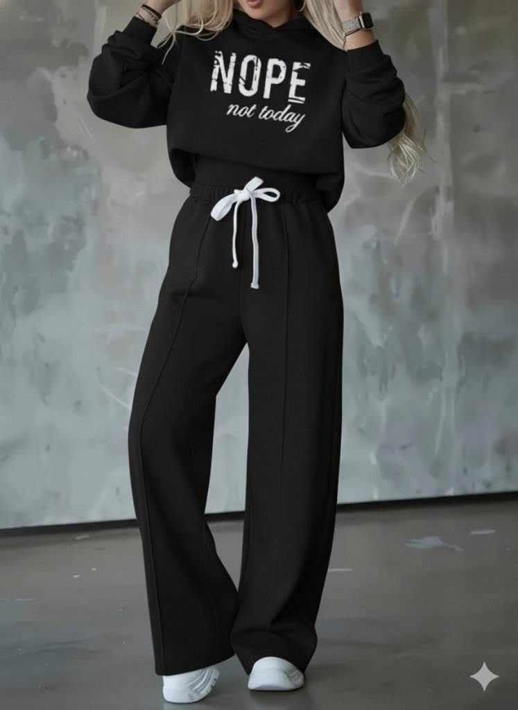 fd03f0f23ee2e3909dc8 Kadın Uzun Kollu Nope Baskılı Beli Ribanalı Ikili Takım - Görsel 1