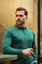 Erkek Düğmeli Yaka çizgi Dokulu Uzun Kollu Triko - Görsel 3