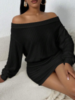 Kadın Uzun Kollu Omuzlardan Açık Yanlardan Büzgülü şardonlu Kaşkorse Elbise - Görsel 3