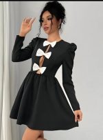 Kadın Dalgıç Kumaş Fiyonk Detaylı Uzun Kollu Mini Boy Elbise - Görsel 3