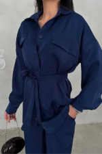 SİMLİ KUMAŞ SALAŞ PANTOLON - GÖMLEK TAKIM - Lacivert - Görsel 3