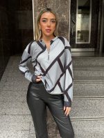 Kadın Uzun Kollu Yuvarlak Yaka Fermuarlı Desenli şardonlu Bluz - Görsel 3