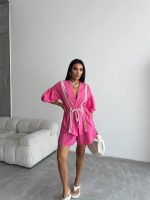 KETEN BEL BÜZGÜLÜ BLUZ-PANTOLON TAKIM - Fuşya - Görsel 2