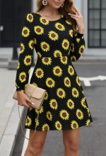 Kadın Uzun Kollu Bisiklet Yaka Desenli Kısa Krep Elbise - Görsel 3