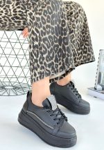 Leope Siyah Cilt Bağcıklı Spor Ayakkabı - Görsel 3