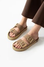 Loera Vizon Nubuk Çift Tokalı Terlik