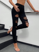 Kadın Yüksek Bel Slim Fit Lazer Kesim Yırtık Pantolon - Görsel 2