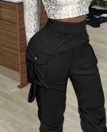 Kadın Yüksek Bel Beli Lastikli Kargo Cep Detaylı Gabardin Pantolon - Görsel 2