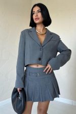 Gri Bomber Ceket Ve Pileli Etek Takım - Görsel 2