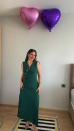 Kadın Kruvaze Yaka Düğme Detay Maxi Boy Elbise - Görsel 2