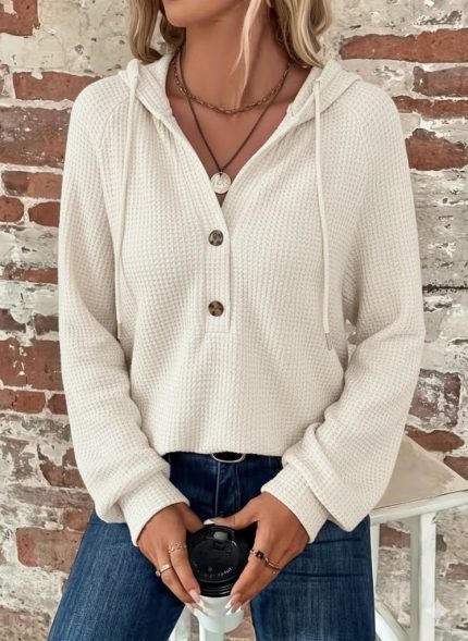 Kadın Uzun Kollu Kapşonlu önü Düğmeli Ve Bağcıklı Waffle Bluz