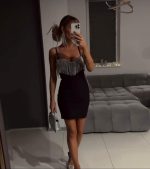 Kadın Omuz Askılı Taş Detay Mini Elbise - Görsel 3