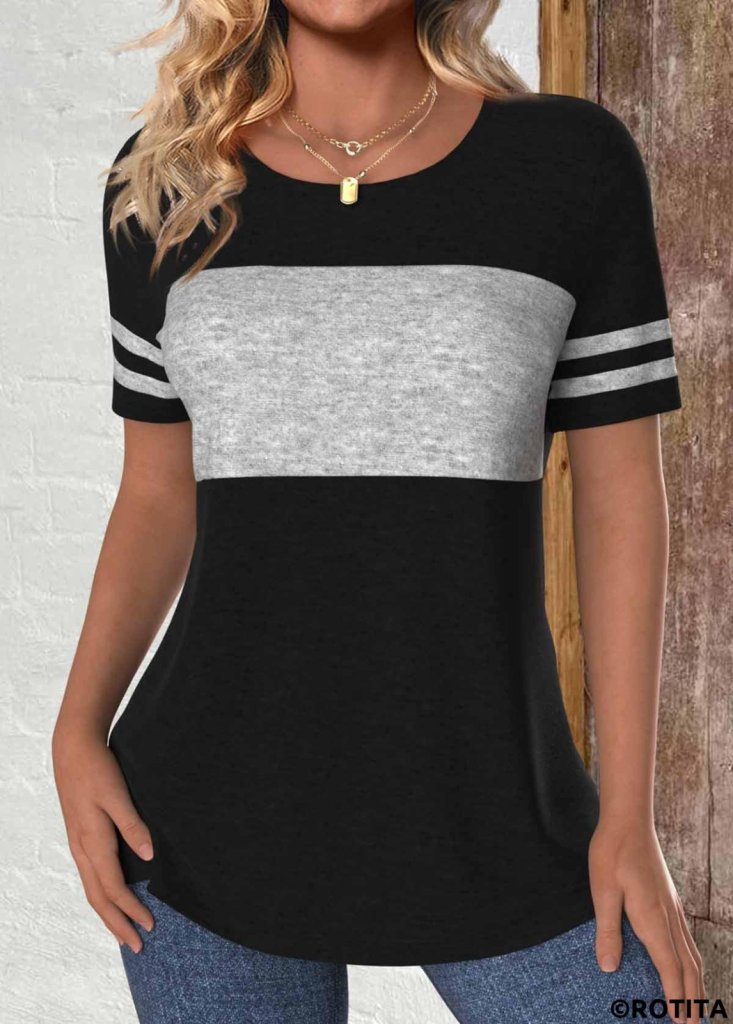 141f094e818253246b80 Kadın Kısa Kollu Bisiklet Yaka çift Renkli Viskon Bluz - Görsel 1