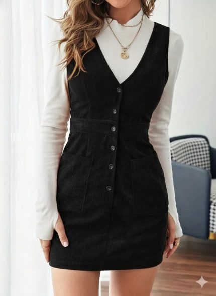 Kadın Askılı V Yakalı önden Düğmeli Mini Kalın Fitilli Kadife Elbise