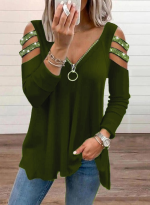 Kadın Haki Kolları Taş Işlemeli Uzun Kol Fermuarlı Viskon Bluz - Görsel 2