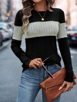 Kadın Uzun Kollu Bisiklet Yaka çift Renkli Triko Bluz - Görsel 3