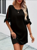 Kadın Kısa Kollu Kolu Bağlamalı Yakası Açık Janjan Elbise - Görsel 2