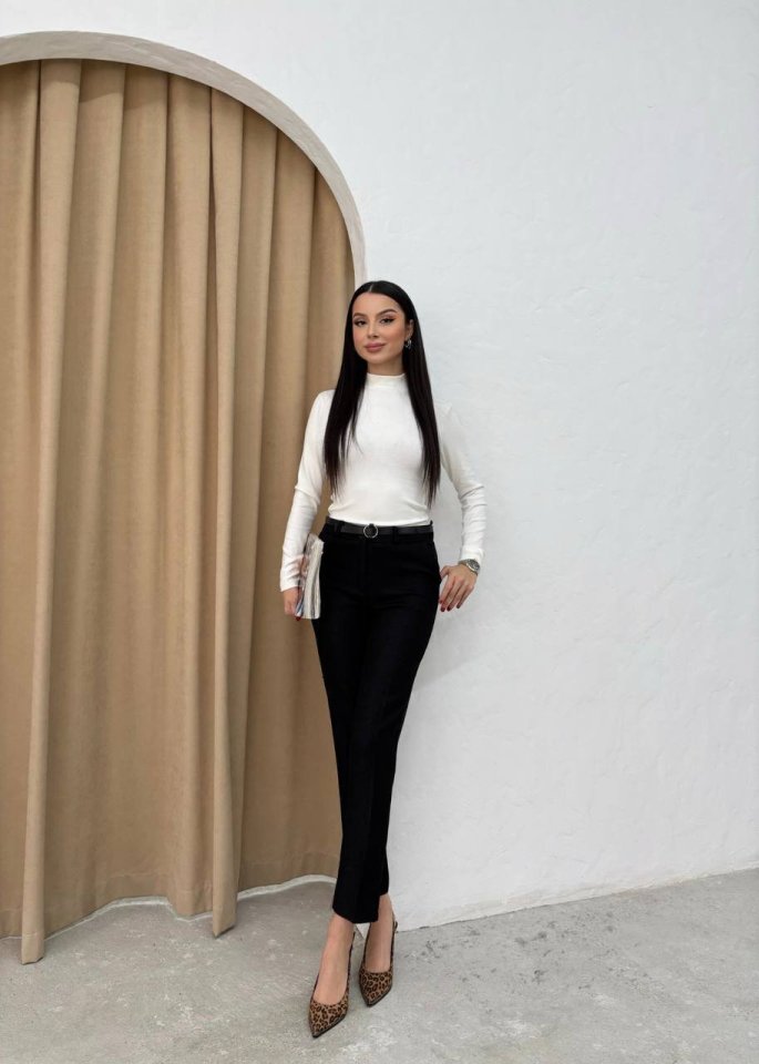 24f7c08e1a2fb90e4c1efcea61480b4c Kadın Yüksek Bel Dar Paça Kemer Dahil Kumaş Pantolon - Görsel 1