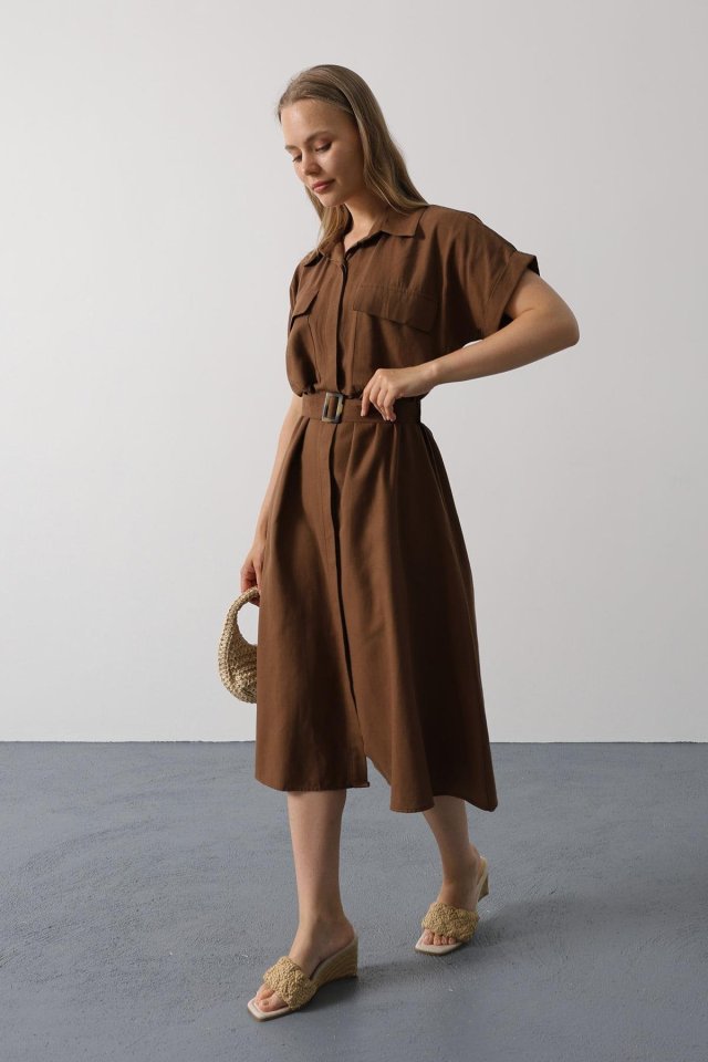 29e6915c84e2ca56e305 Kuşaklı Cep Detaylı Yarım Kol Elbise - Kahve - Görsel 1