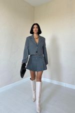 Gri Bomber Ceket Ve Pileli Etek Takım