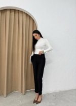 Kadın Yüksek Bel Dar Paça Kemer Dahil Kumaş Pantolon - Görsel 3