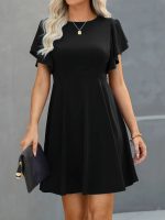 Kadın Kısa Kelebek Kollu Bisiklet Yaka Janjan Krep Elbise - Görsel 3