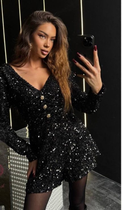 Kadın Uzun Kollu V Yaka Düğme Detay Ful Pul Payet Elbise