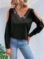 Kadın Uzun Kollu V Yakalı Omuzlardan Açık Sandy Bluz