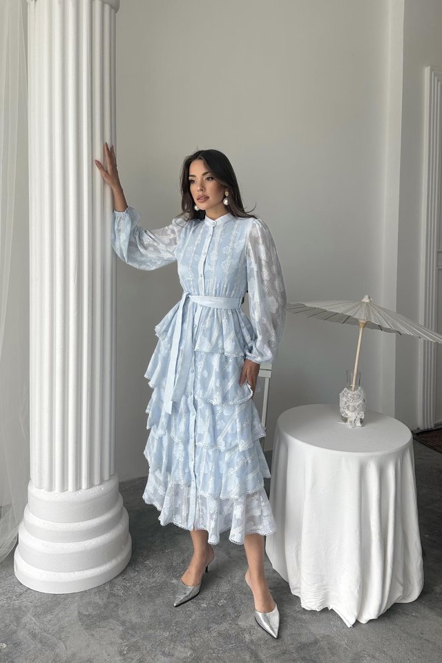 34e6f9d52f7e4bcb4437 Bebe Mavi Uzun Volanlı Elbise - Görsel 1
