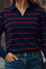 Kadın Uzun Kollu V Yaka çizgili Triko Bluz - Görsel 2