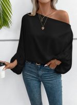 Kadın Tek Omuzu Açık Uzun Kollu Salaş Sandy Bluz - Görsel 2