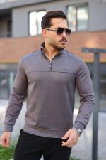 Erkek Süet Yarım Fermuar Dik Yaka Sweat - Görsel 2