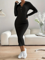 Kadın Uzun Kollu Yakalı Düğmeli şardonlu Kaşkorse Elbise - Görsel 2