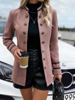 Kadın Uzun Kollu Hakim Yaka Düğme Detaylı Mini Dokuma Ceket - Görsel 2