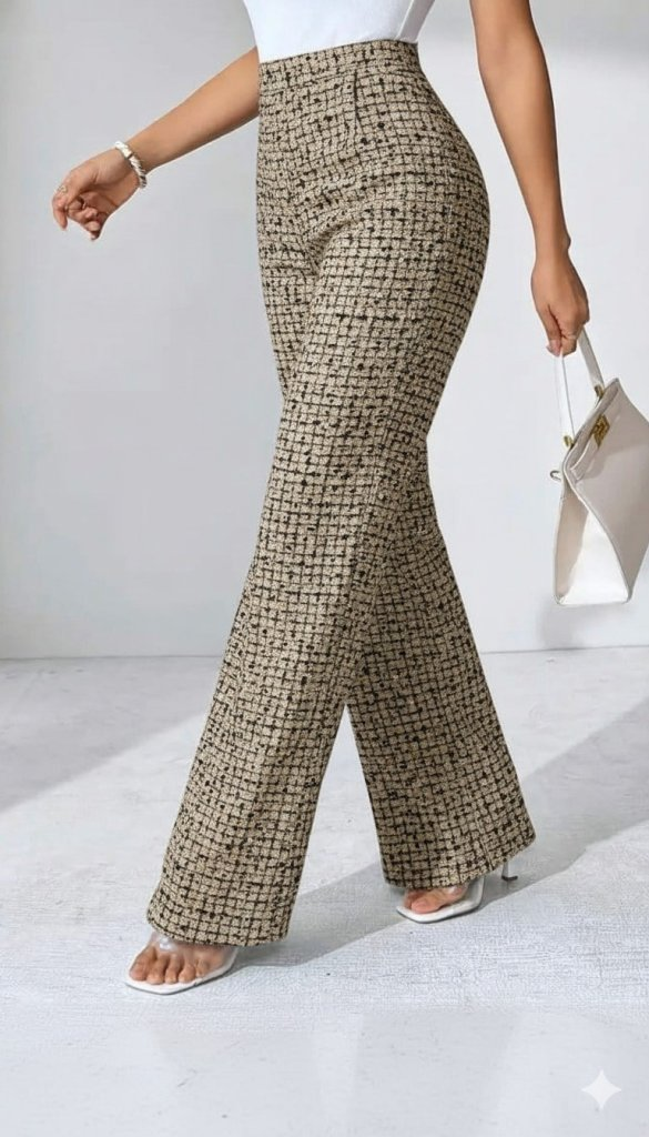 4dfcbbc9eba474628dd0 Kadın Yüksek Bel Paçaya Doğru Geniş Dokuma Pantolon - Görsel 1