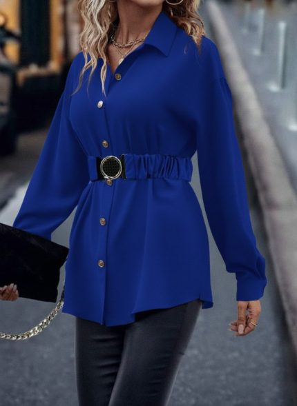 Kadın Uzun Kollu Yakalı önden Düğmeli Belden Kemerli Ithal Krep Bluz