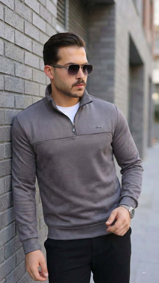 54624ce3df02b2a01a89e2fa3501666c Erkek Süet Yarım Fermuar Dik Yaka Sweat - Görsel 1