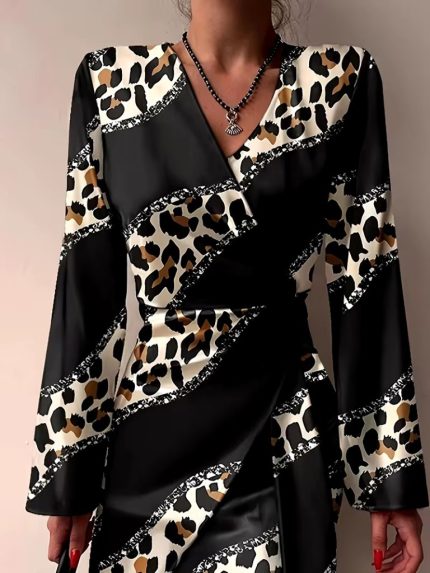 Kadın Uzun Kollu Kruvaze Yakalı Asimetrik Detaylı Mini Modal Elbise