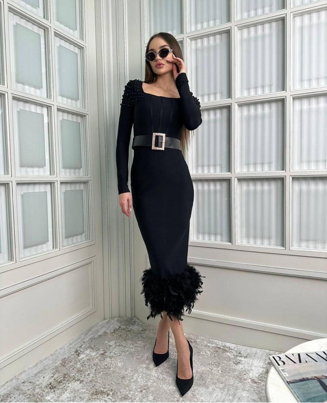 5deb6193bfadb3d64000451209871fbc Kadın Etek Ucu Otriş Yakası Inci Detayli Midi Boy Elbise - Görsel 1