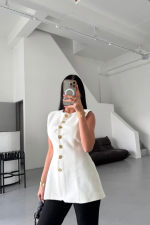 KETEN YELEK BELDEN OTURTMALISIRALI DÜĞME DETAYLI - Beyaz - Görsel 3