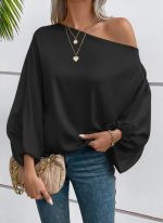 Kadın Tek Omuzu Açık Uzun Kollu Salaş Sandy Bluz - Görsel 3