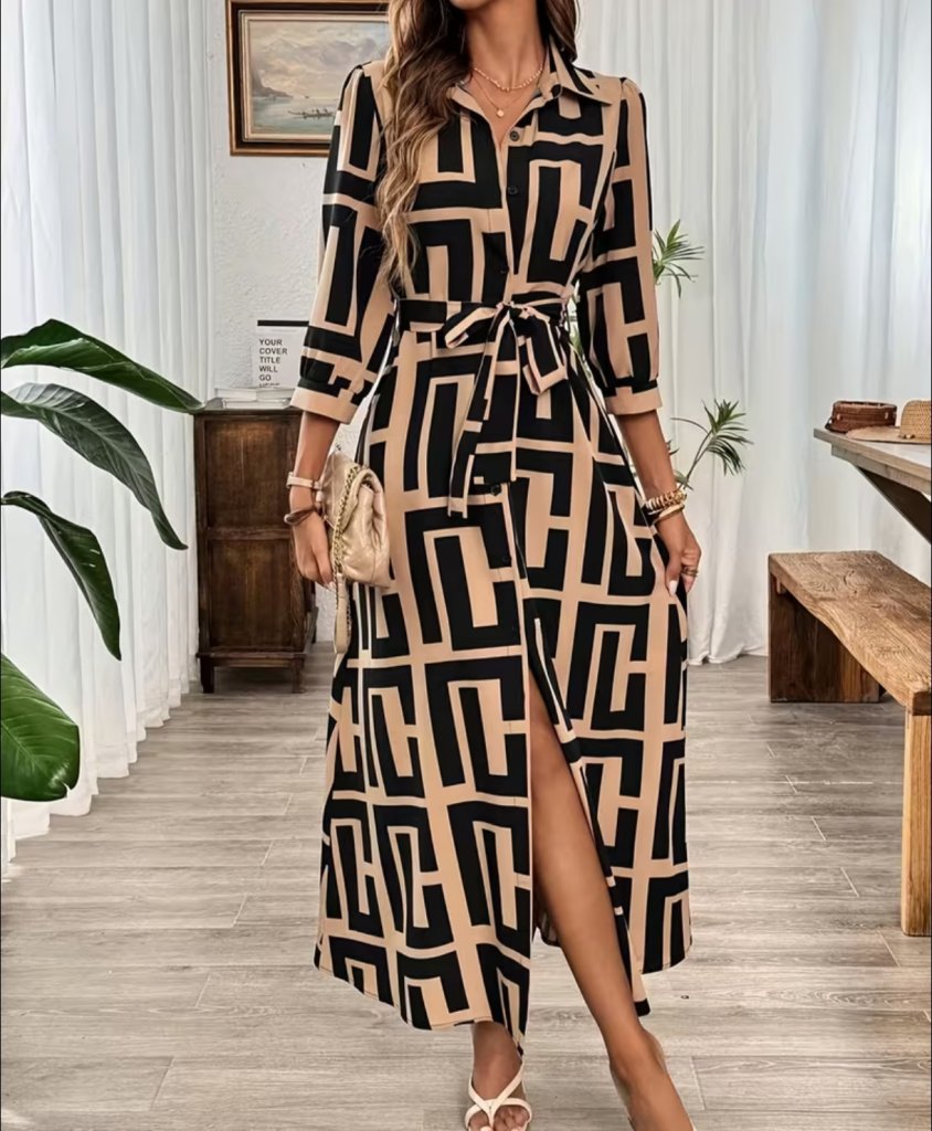 65a9eaa13f70f3e65bda Kadın Uzun Kollu Yakalı önden Düğmeli Uzun Süprem Elbise - Görsel 1